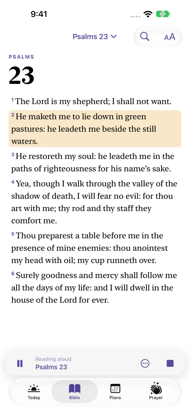 Psalm 23 being read aloud, with the player above the tabs
