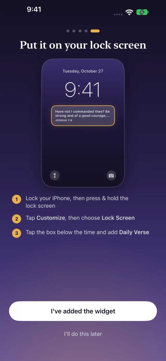 Adding the Daily Verse widget to the lock screen, with a verse showing under the time