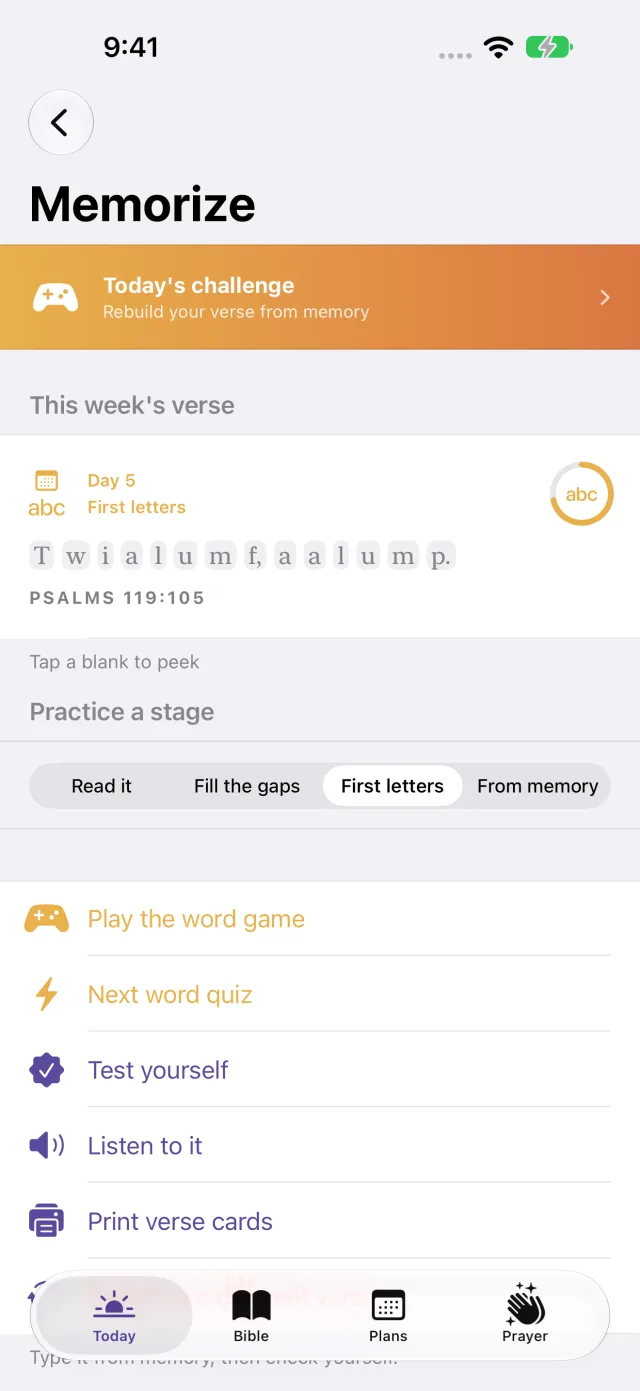 This week's memory verse shown as first letters, with practice stages and games