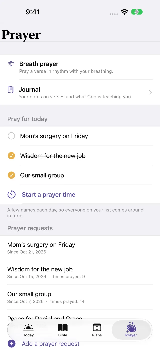 Today's prayer list, breath prayer and journal