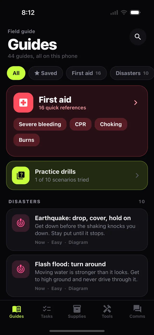 The Guides screen: first aid quick references, practice drills, and disaster guides.